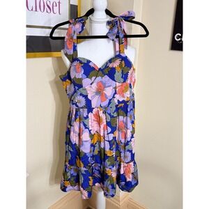 BOG Collective Blue Floral Tie‎ Shoulder Smocked Mini Dress Large NWT